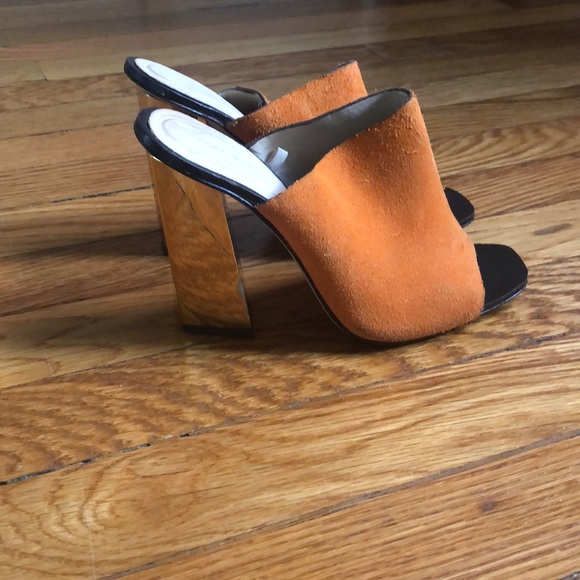 Zara Orange Leather Heeled Mules with Gold Heel 6 - Picture 4 of 5